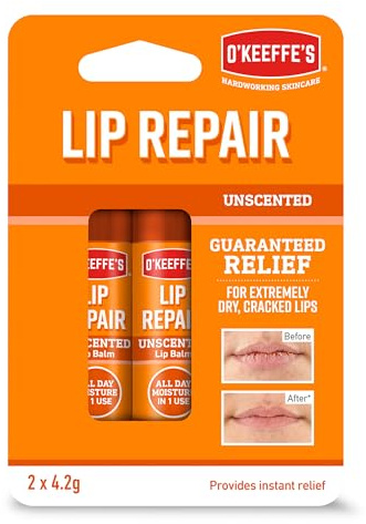 O'Keeffe's Lip Repair Unscented Lip Balm, Twin Pack, 2 x 4.2 g - For Extremely Dry, Cracked Lips | All-Day Moisture with 7 Moisturising Ingredients