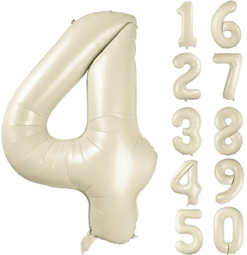 Zahlen Luftballon Beige 40 Zoll Creme Weiß Zahlenballon 4 Mädchen Junge Geburtstag Luftballons Sandweiß Helium Folie Mylar Ballon Geburtstagsdeko Party Bankett Dekoration Zahl 4