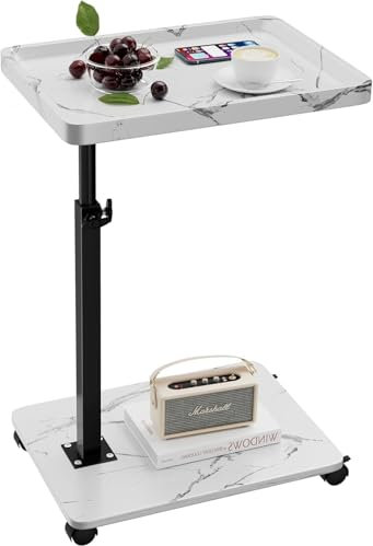 XNSDXV C Shaped Side Table With Adjustable Height, 360° Swivel Design With Wheels for Small Spaces, Living Room, Bedroom, Bed, Couch (White Marble Color)