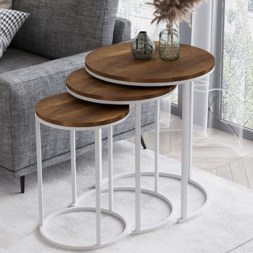 EMIDECO Table Gigogne Ronde Paris Lot de 3 Tables Empilables – Plateau Bois Foncé et Pieds Métal Blanc – Style Moderne et Élégant