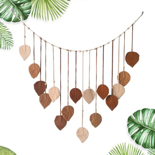 Bssowe Makramee Wandbehang, 120 x 75 cm Boho Wanddeko, Wandbehang, Woven Leaves Tapestry, Woven Wall Hanging Boho with Wooden Beads and Leaves, for Outdoor, Living Room, Bedroom, Gifts (Kaffeebraun)