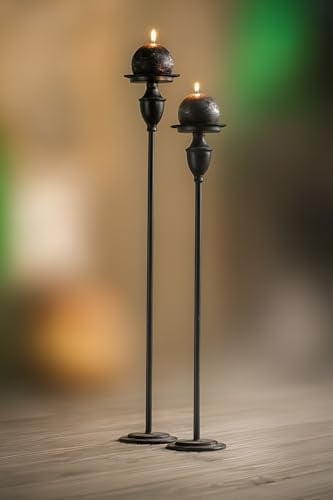 Dekoleidenschaft 2X Kerzenständer Antique aus Metall, schwarz, Kerzenhalter 60 + 69 cm hoch, große Kerzensäule für Stumpenkerzen
