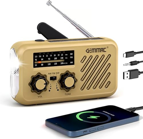 Linterna Solar Radio de Emergencia con Manivela Portatil Pequeña, Gemmac FM/Am/SW Radio Supervivencia con Conector para Auriculares 2000mAh Powerbank y Lectura, Alarma SOS para Camping al Aire Libre