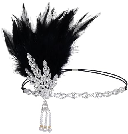 Bandeau Plumes, Bandeau Plume Vintage avec Perles et Strass, Accessoires pour Femme Style Années 1920, pour Mascarade Mariage Carnaval Cocktail Fête Style Rétro (Noir)