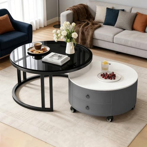 Coffee Table Set with Storage, Nest of Tables with Tempered Glass and Rock Slab, Stacking End Side Table with Metal Frame and Wheels for Living Room, Bedroom, Office, Balcony, Apartment,Grey