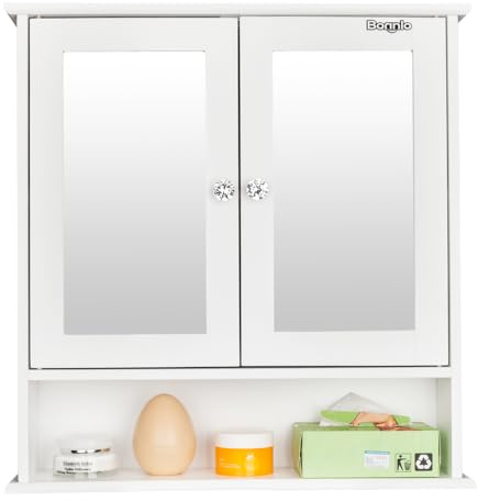 Bonnlo Spiegelschrank Bad, Badezimmer Spiegelschrank, Badezimmerschrank Hängend mit Spiegel, Hängeschrank Bad, Badschrank Hängend, Wandschrank mit Höhenverstellbaren Regalen, MDF 56 x 13 x 58 cm