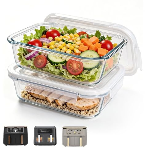 Auflaufform Airfryer Glas Double Stack Zubehör 2 Stück | Borosilikatglas Behälter mit Deckel, passend Kompatibel mit Ninja AF400EU/SL400EU Double Stack Heißluftfritteuse