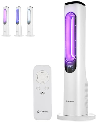 LEHMANN Turmventilator mit Fernbedienung & LED-Display, leiser Ventilator mit Schlafmodus, 15 h Timer, 3 Lichtfarben, 3 Modi, 3 Geschwindigkeiten, oszillierender Standventilator ohne Rotorblätter