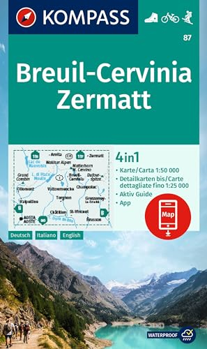 KOMPASS Wanderkarte 87 Breuil-Cervinia, Zermatt 1:50.000: 4in1 Wanderkarte mit Aktiv Guide und Detailkarten inklusive Karte zur offline Verwendung in der KOMPASS-App. Fahrradfahren. Skitouren.
