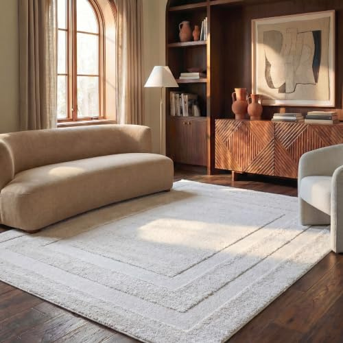 SAFAVIEH Area Rug 8x10 - Florida Shag Collection - Large - Creme & Creme, Border Design, Non-Shedding & Easy Cleaning, Plush Thick Pile, Ideal for Living Room, Bedroom, Dining Space (SG454-1111)