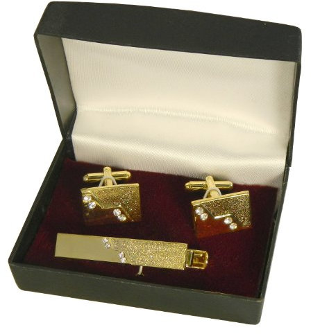 indischerbasar.de Krawattennadel Manschettenknöpfe Set Apollo Geschenkbox vergoldet Strass-Steine Herren Schmuck Tie pin Tie bar