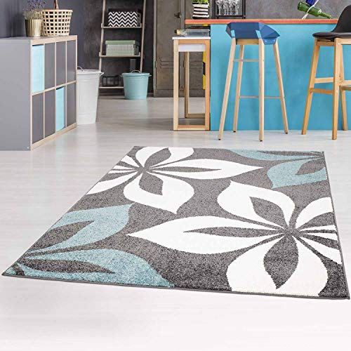 Teppich Flachflor Blume - 190x280 cm Grau Blau - Moderne Wohnzimmer Teppiche Floral