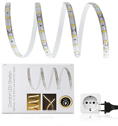 5 Meter Warmweißer High Power LED Streifen (60 x 5630 SMD Led/m, 1400lm/m, IP65, 12V) inkl. Netzteil