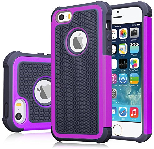 Jeylly for iPhone SE Case & iPhone 5S Cover, Shock Absorbing Hard Plastic Outer + Rubber Silicone Inner Scratch Defender Bumper Rugged Hard Case Cover For Apple iPhone SE/5S - Purple