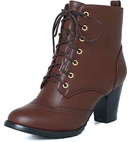 Onewus Stivali da donna con tacco a blocco, lacci, marrone scuro., 46 EU