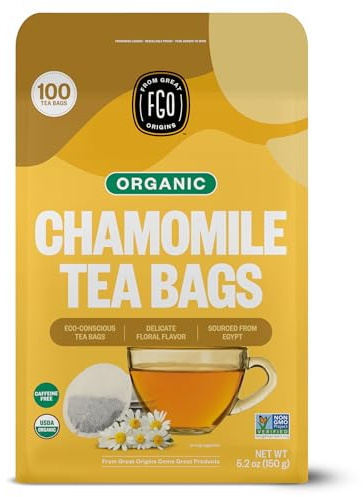 FGO Organic Chamomile Tea, 100 Eco-Conscious Tea Bags, Caffeine Free, Resealable Bag, Packaging May Vary (Pack of 1)
