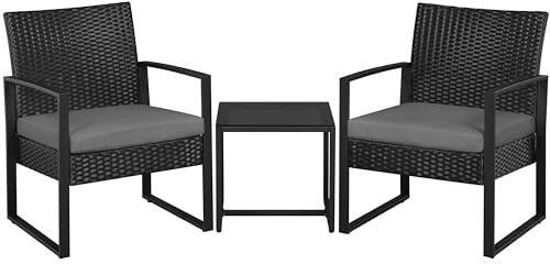 Yaheetech Set Mobili da Giardino in Poly Rattan 2 Sedie e Tavolino da Balcone con Cuscini Esterno Interno