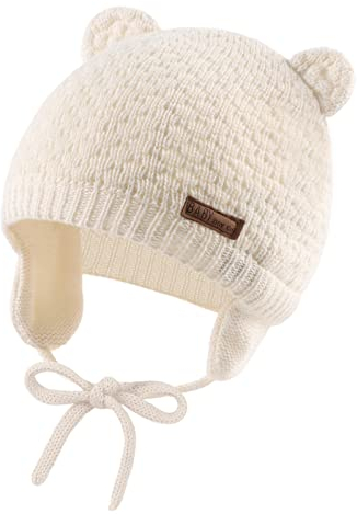 XIAOHAWANG Baby Wintermütze Jungen Mädchen Warmer Strickmützen Weicht Baumwolle-Futter mit Süße Bärenohren Winter Babymütze(Weiß, M)