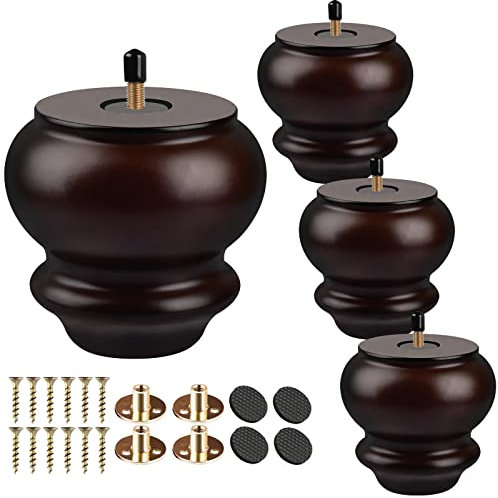 TCHOSUZ 3 inch / 8cm Wooden Furniture Legs, Pack of 4 Classic Walnut Solid Wood Turned DIY Replacement Bun Feet with M8 Hanger Bolts & T-Nuts for Sofa Couch Cabinet Ottoman Bed Riser