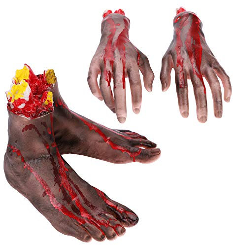 Halloween Cosplay Scary Morceaux de Cadavre Mains et Pieds Cassés et Doigts Humains Ensanglantés Réaliste Décorations de Fête Halloween Horrible pour Party Maison Hantée Vampire Zombi Déguisement