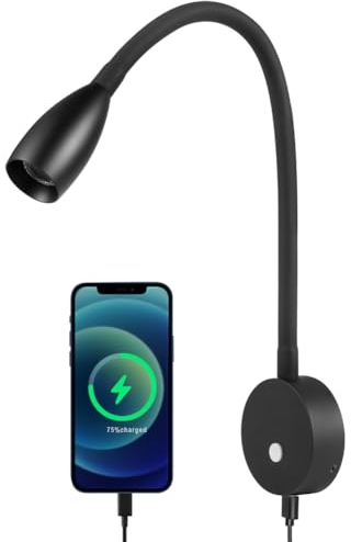 Obeaming 12V Leselampe Wohnmobil Dimmbar LED Spot Eingebautes USB Schnellladegerät, Aluminium Flexible Schwanenhals Bett Wandlampe für Boot Wohnwagen Yacht Innenbeleuchtung, 24VDC (Mattschwarz)