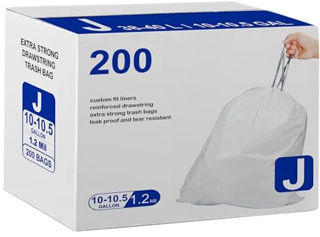 Code J 200 Count Drawstring Trash Bags Compatible with simplehuman Code J | 1.2 Mil White Garbage Can Liners 10-10.5 Gallon / 38-40 Liter Heavy Duty Plastic Trash Bags