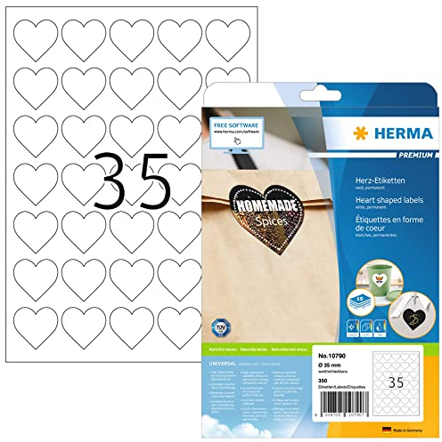 HERMA 10790 Herz Etiketten, 350 Stück, Ø 35 mm, 35 pro A4 Bogen, selbstklebend, bedruckbar, matt, blanko Papier Klebeetiketten Aufkleber in Herzform, weiß