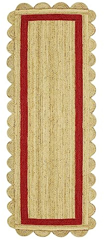 CASAVANI Teppichläufer aus der gewellten Kollektion, 6 x 2,4 m, Beige und Rot, geometrische Jakobsmuschel, natürliche Jute-Matte, stark frequentierte Fläche im Schlafzimmer, Läufer, Bett,
