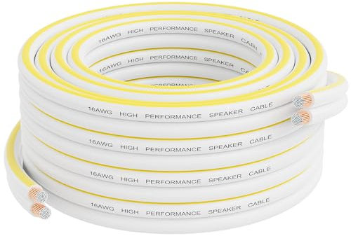 Mygatti 12AWG Speaker Wire 50 FT, 12/2 Gauge Audio Speaker Wire, for Car Speakers Stereo, Home Theater, Automotive Wire, White Jacket with Yellow Polarity Marker, CCA, 2 Conductors Electrical Wire
