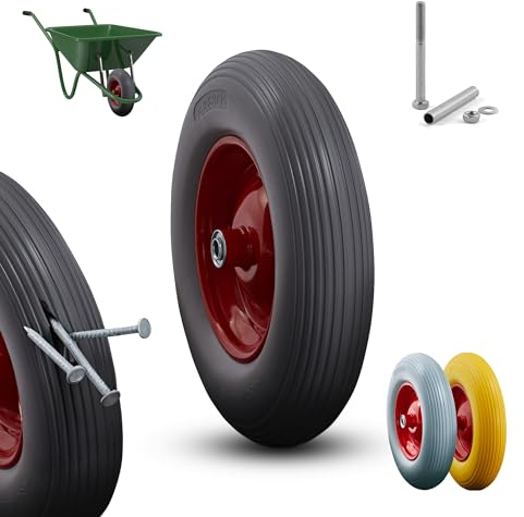 Arebos Roue de brouette en caoutchouc PU anti-crevaison - Charge maximale : 200 kg - Pneu avec jante en acier - 4.80/4.00-8 - Roue de rechange avec axe - Diamètre 390 mm - Noir