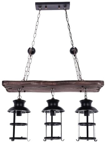 TIBU Hängelampe aus Holz Vintage Lampe Esstisch Wohnzimmer E27 höhenverstellbar Brett 3 flammig
