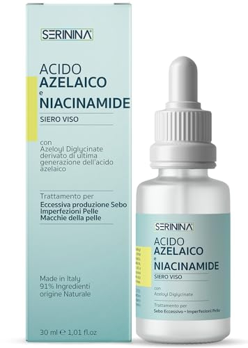 Serinina® ACIDO AZELAICO Viso, NIACINAMIDE Siero con Zinco - Siero Pelle Grassa, Acne, Brufoli, Pori Dilatati, Crema Schiarente Macchie, Seboregolatore
