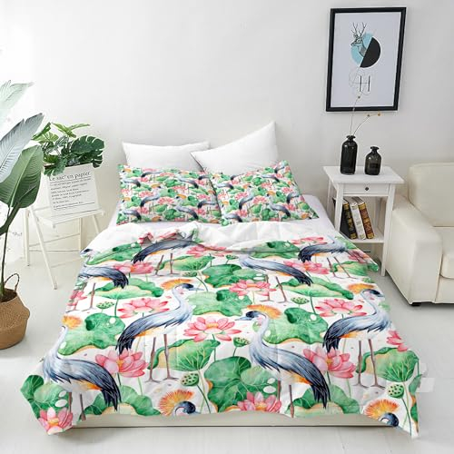 ANHOPE Aquarell Blume Lotus Vogel Bettwäsche Set 2 Teilig Weich Bettbezug 135x200 cm & Kissenbezug 80x80 cm Microfaser Bettbezüge Set mit Reißverschluss Bettdeckenbezug für Kinder Mädchen