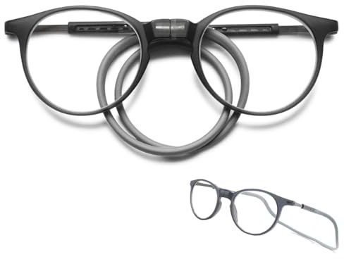 KOOSUFA Runde Magnetische Lesebrille mit Magnetverschluss Clip Herren Damen Leicht TR90 Faltbare Lesehilfe Arbeitsplatzbrille mit Einziehbare Brillenbügel, zum Aufhängen am Hals Grau 2.0