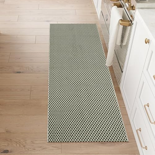 LEEVAN Waschbarer Läufer, 60 x 150 cm, grüner Badezimmerläufer, karierter Flurläufer, Teppich, niedriger Flor, Küchenläufer für Tür/Wäsche