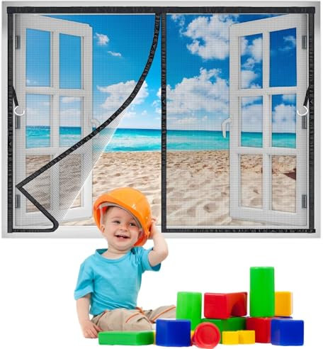 Zanzariera Magnetica 130x250 cm, Tenda Zanzariera Finestra Ingresso Cortile, Anti Insetti Traspirante Chiusura Automatica con Magneti, Rete Nero Nuova-Versione