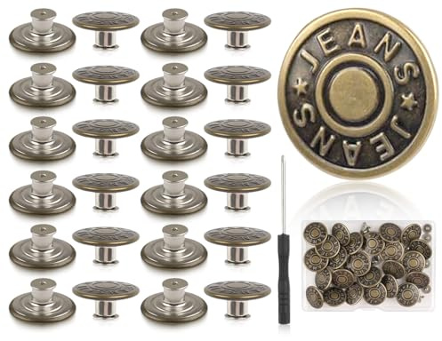 Lhbwhiz 24 st byxknappar, jeansknappar i mässing, justerbara reservknappar, för att dra åt byxorna, sömlösa knappar med låda och skruvmejsel (17 mm)