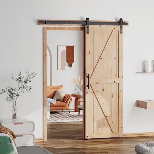 SANKEYTEW 30 X 84 Unfinished Sliding Barn Door with 5ft Barn Door Hardware Kit Requiring Simple Assembly, Barn Doors and Hardware Included(Slide Door, K Shape)