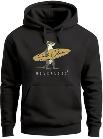 Neverless® Hoodie Herren California Surfing Print Otter mit Surfboard Grafik Surfer-Design Männer Fashion Streetstyle Schwarz L