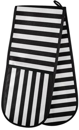 Oven Gloves Double Oven Gloves White Black Stripe Oven Mitts Pot Holder Heat Resistant Quilted for BBQ Baking Kitchen Cooking Gloves