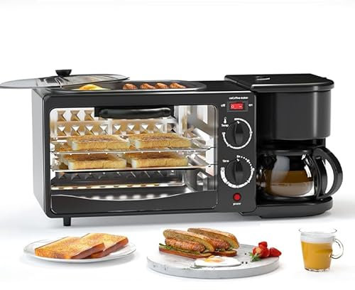 Machine à Petit-déjeuner, Station de Petit-déjeuner 3 en 1, avec Machine à café, Four de 9 L, poêle à Frire avec contrôle de la température, pour Le Petit-déjeuner Toute la journée