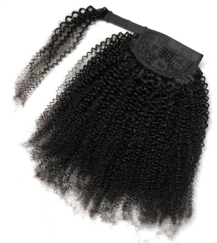 Wrap Around Ponytail Extensions, Afro Curly Human Hair Long Curly Hair Extensions for Women Natural Black(#1B,16in(40cm)-100g)