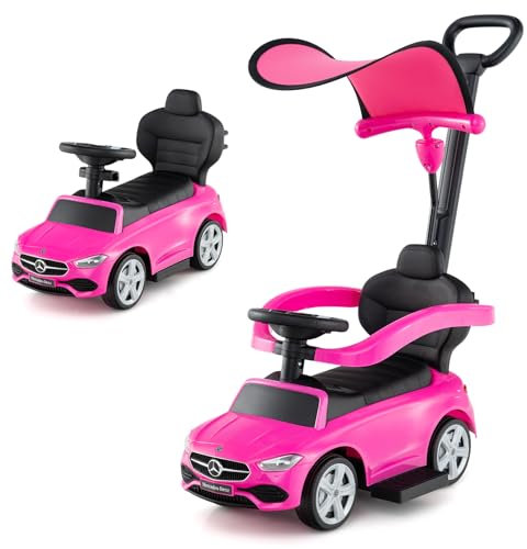 COSTWAY 3 en 1 Mercedes-Benz Porteur Enfant avec Volant & Klaxon & Son de Moteur, Voiture à Pousser Enfant avec Coffre sous Siège, Canopy Réglable, Charge 25kg pour Enfants de 18-36 Mois (Rose)
