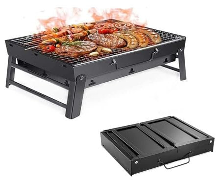 Tragbarer, zusammenklappbarer Holzkohlegrill – Räucherofen aus Edelstahl für Picknick, Garten, Terrasse, Camping und Reisen – 35 x 27 x 20 cm