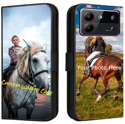 FortiCase Personalisierte Hülle für ZTE Blade A54,Flip Leder Hülle Kartenfach Standfunktion Case,mit Eigenem Foto Bild Text Personalisiert Handyhülle - Black-LN4