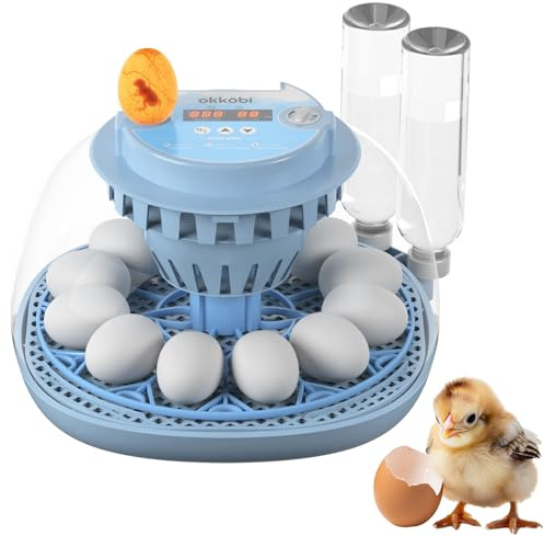 Okköbi 12 Egg Incubator with Automatic Egg Turning and Humidity Control – Egg Incubators for Hatching Eggs – Water Bottle Refill, Egg Candler, Air Vent, 360° View, Temperature Control, LED display