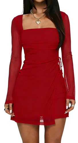 Women's 2026 Mesh Mini Dress Sexy Square Neck Long Sleeve Dress Wrap Tie Party Club A Line Short Dresses Red M