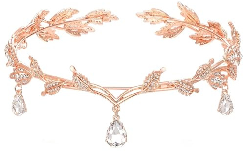 ZYEKIU Elfen Kopfschmuck, Elfenkrone Retro, Crystal Crown Roségold, Elfen Krone Einstellbar, Kopfschmuck mit Blättern für Cosplay, Hochzeit, Party, Renaissance Festival, Weihnachten, Geburtstag