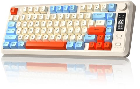 FREEWOLF M75 Dual-Mode Wireless Keyboard, BT+2.4G Connection, Knob Control&Display Screen, 82-key Compact PBT Gradient Keycaps, Rainbow Light, 2000mAh, Full-Key Non-Conflict for Mac/Win-Blueberry