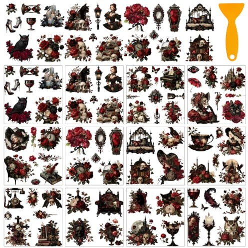 AHANDMAKER 12 fogli di adesivi trasferibili in stile gotico, motivo gotico scuro, decorazione per finestre, scheletri, per casa, scuola, ufficio, fai da te, 12 x 14 cm